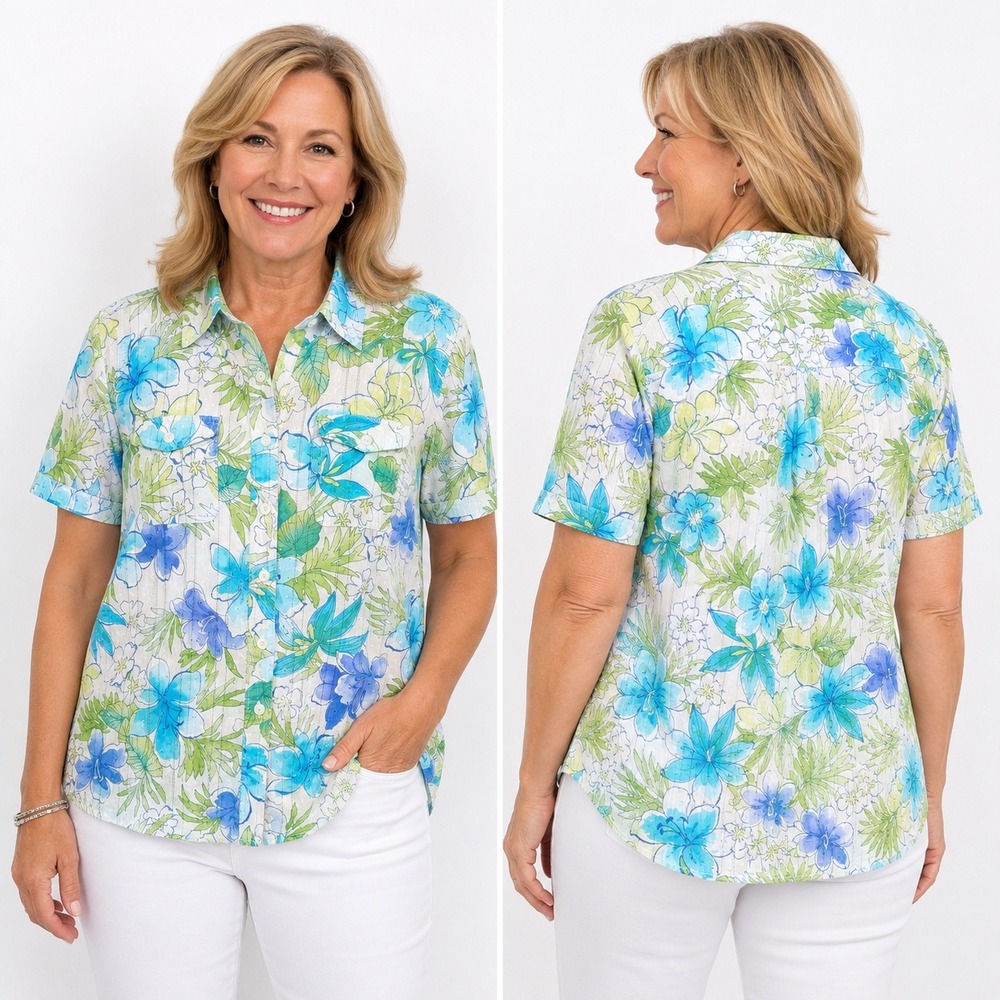 Alfred Dunner Blue Green Floral Cotton Button Down Blouse‎ Size 16 fits size 12